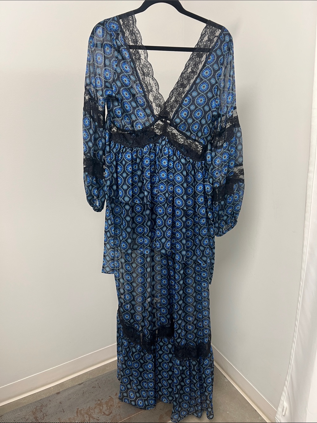 Misa Los Angeles Blue And Black Sheer Lace Trim Maxi Dress